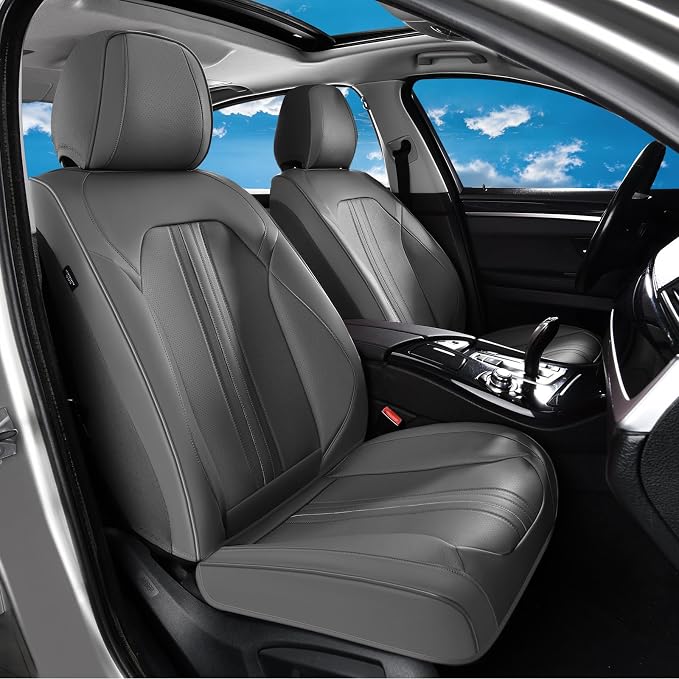 Huidasource Gray Seat Covers, Luxury Faux Leather Car Seat Cover, Velcro Adjustable, with Airbags, Seat Belts, Thinning Design Perforation Cooling＆Heating, Fit for Most Cars, Vans, Trucks, SUVs, Gray