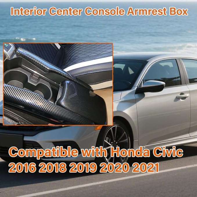 Carbon Fiber Style Center Armrest Box Cover Console Box Storage Box Trim Covers Compatible with Honda Civic 10th Generation 2016 2017 2018 2019 2020 2021 Auto Interior Accessories (3Pcs)