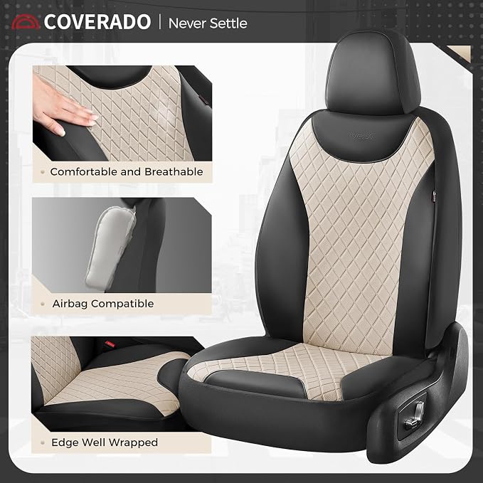 Coverado Car Seat Covers Full Set, Leather Seat Covers for Cars, Waterproof Car Seat Protectors, Front and Back Seat Covers Car Seat Cushions Universal Fit for Most Sedans, SUV, Trucks, Black & Beige