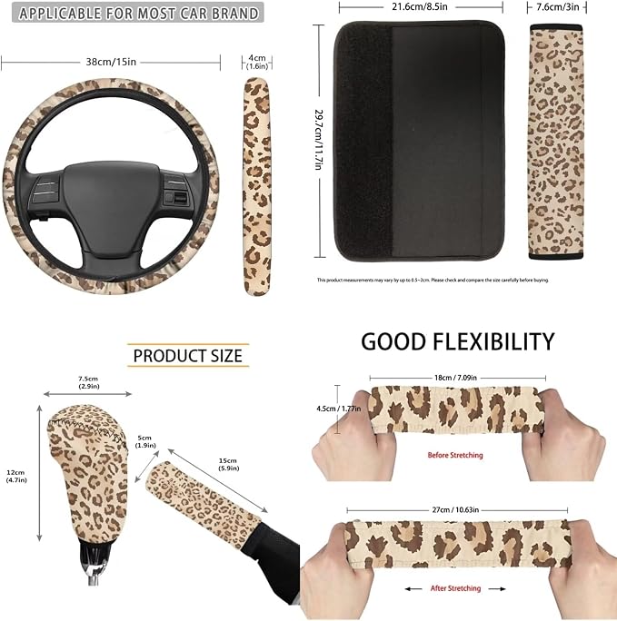 Leopard Print 11 Pieces Car Seat Covers Full Set Car Front Seat Cover Rear View Mirror Cover Steering Wheel Cover Seat Belt Pad Cover Gear Lever Cover Fits for Cars,SUVs