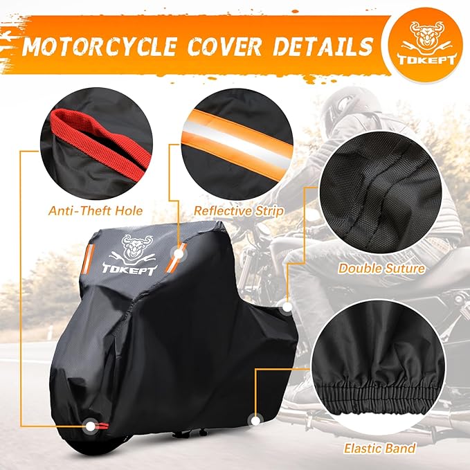 Motorcycle Cover, All Season Waterproof Outdoor Protection with Lock-Holes & Night Reflective, Fits up to 86" Harley Davidson Honda Suzuki Kawasaki Yamaha (Black)