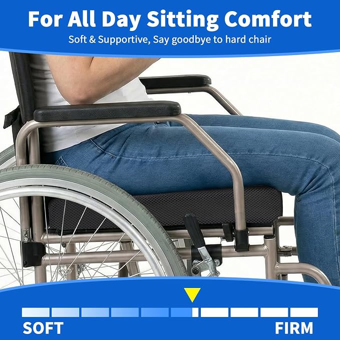 YOUFI Wheelchair Seat Cushion with Waterproof Layer Breathable Cover, High Rebound Memory Foam, Non-Slip Bottom and Handle, Chair Cushion for Sciatica and Pressure Relief