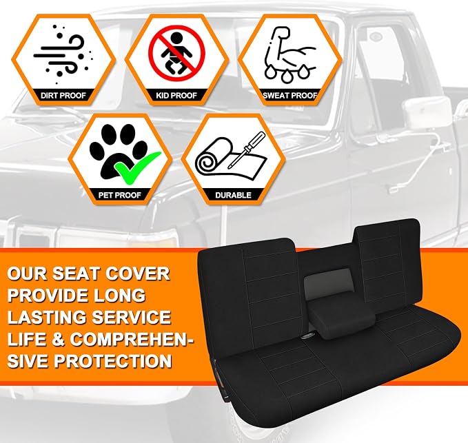 Truck Seat Cover Compatible with 1987-1991 Ford F150 Front Bench with Opening Armrest and Molded Headrest, Black