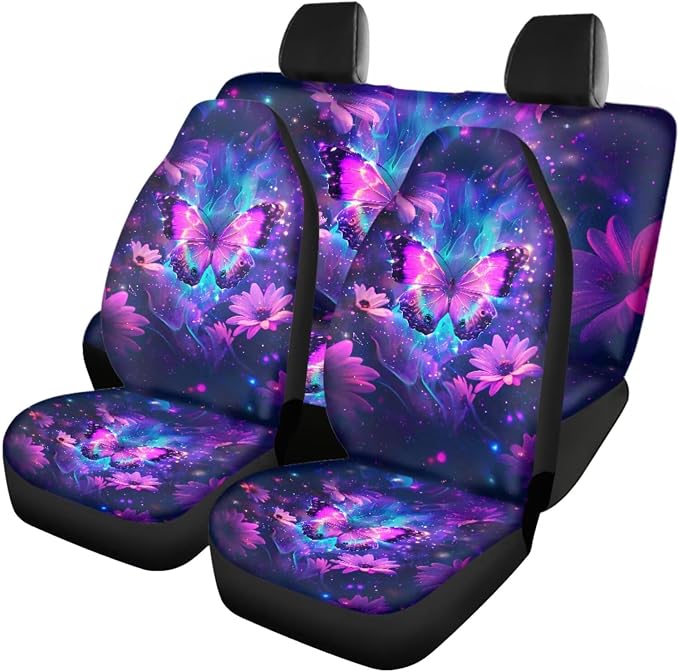Purple Butterfly Car Accessories Set of 18, Car Seat Cover Full Set with Auto Steering Wheel Cover Floor Mats Armrest Pad Covers Seat Belt Pads Roof Handle Wraps Cup Coaster Keychain