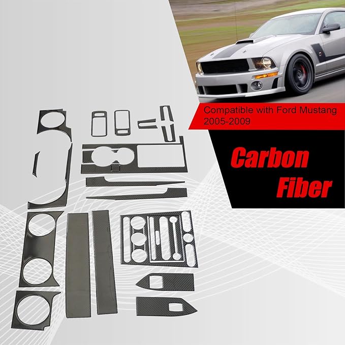FZJDSD 22PCS Black Carbon Fiber Style Interior Trim Cover Stickers Compatible with Ford Mustang 2005-2009, Carbon Fiber Style Center Console Dashboard Panel Trim Cover Stickers Kit