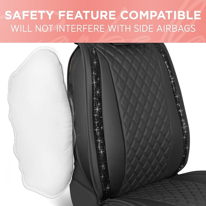 BlingStitch™ Car Seat Covers for Front Seats - Luxurious Black Vegan Leather Seat Covers for Cars with Black Bling Crystals, Premium Automotive Seat Covers for SUV, Trucks, Car Bling Luxury