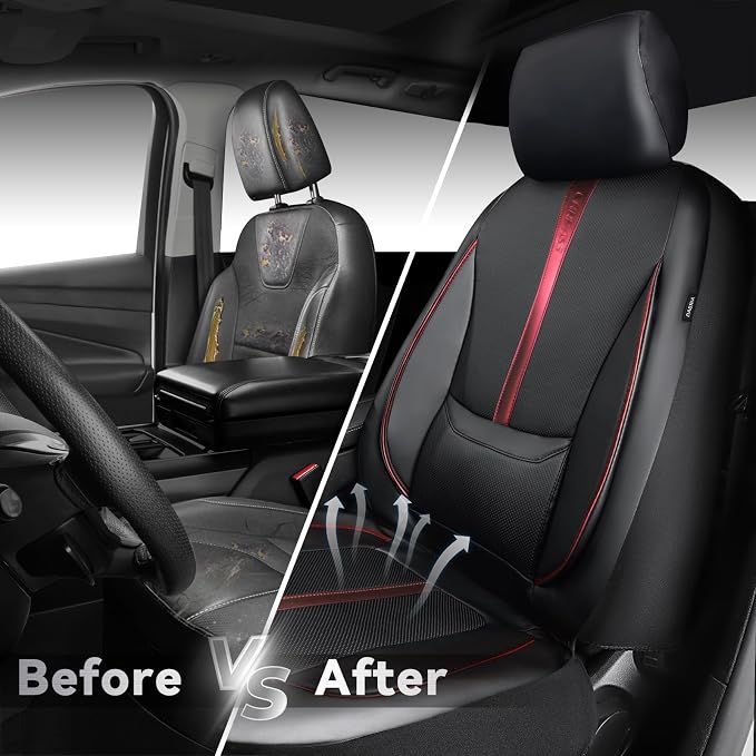 CAR PASS 3D Foam Support Red Leather Car Seat Covers Front Seats,Waterproof Faux Leather Front Seat Cover for Car,Universal Fit Anti-Slip for SUV Truck,Rubber Floor Mats for Cars
