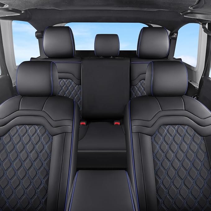 Huidasource Silverado Seat Cover, Sierra Seat Cover fit for Chevy Silverado/GMC 1500 2014-2018, 2500HD 3500HD 2015-2019 Crew Double Extended Cab, Nappa Leather Seat Covers (Full Set/Blue)