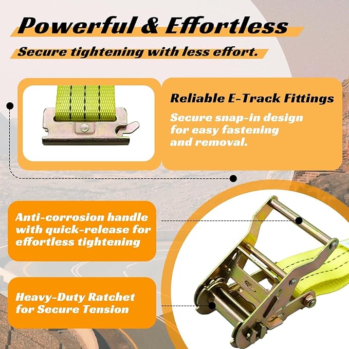 8 Pack 2" x 15' Heavy Duty E-Track Ratchet Straps - 4500LBS Break Strength - Tie Down Straps for Trucks, Trailers, Motorcycles, and Cargo（Yellow）