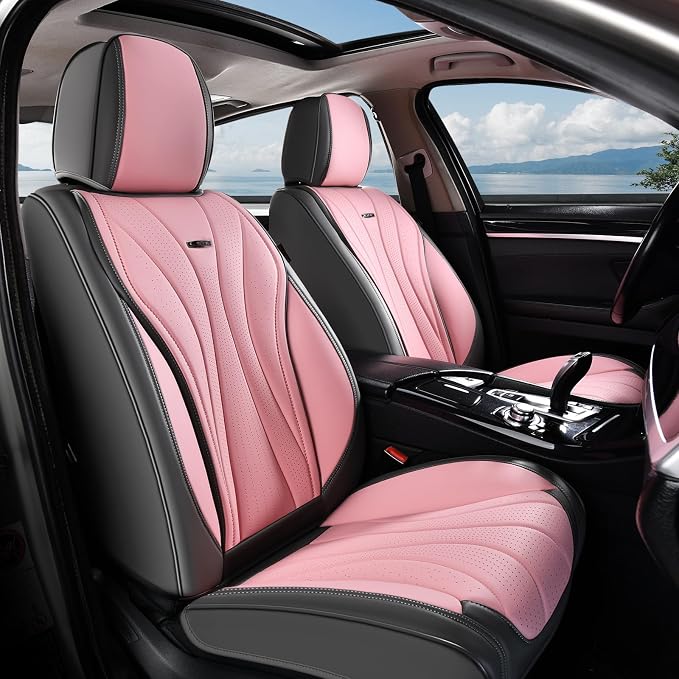 Coverado Car Seat Covers Full Set, Universal Seat Cover for Cars, Luxury Faux Leather Seat Covers, Car Seat Protector Waterproof, Automotive Seat Cover, Car Seat Cushions Fit for Most Cars (Gray&Pink)