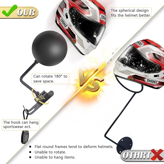 Motorcycle Helmet Holder Wall Mount 180 Degree Rotation Metal Bike Helmet Rack Mount Bicycle Helmet Display Stand Hanger with 2 Hooks Accessories for Motorcycle Bike Baseball Rugby - Gray, 2 Pcs
