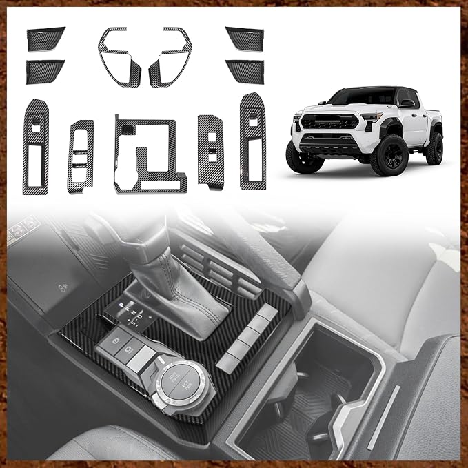 Muslogy Interior Trim Kit Cover 11PCS Compatible with 2024 2025 2026 Toyota Tacoma&2025+ 4Runner Steering Wheel Center Console Window Switch Inner Door Cover(Not Fit 2Door Tacoma)(Glossy Carbon Fiber)