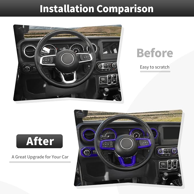 CheroCar Purple 20PCS Interior Trim Kit for Jeep Wrangler JL JLU & JT Gladiator 2018-2023,Dashboard,Steering Button Frame,AC Switch,Roof Speaker,Reading Light,Headlight Switch,Rear Air Vent Trim
