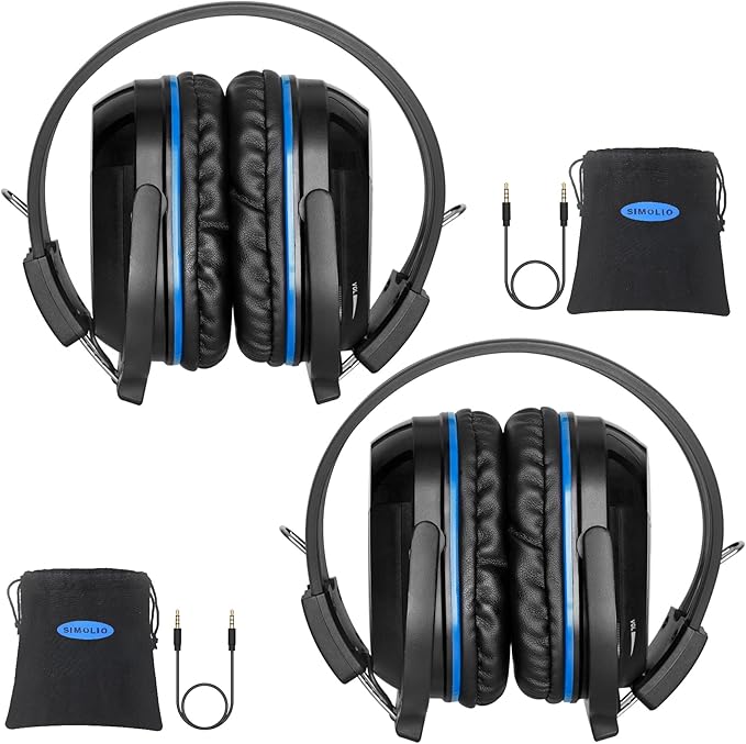 SIMOLIO IR Headphones for Car DVD System, Universal 2 Channel Wireless Infrared Headphone for Honda Odyssey, Pilot, Toyota Sienna, uConnect, GMC Yukon, with AUX Cord, Folding & Carry Pouch, 2 Pack