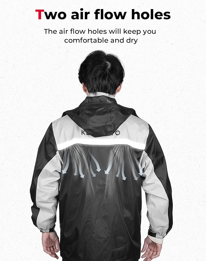 KEMIMOTO Rain Suit for Men, Motorcycle Rain Gear Waterproof Protective Rain Coat with Pants 2 Pieces Rainsuit Breathable Outdoor Fashion Black 2XL