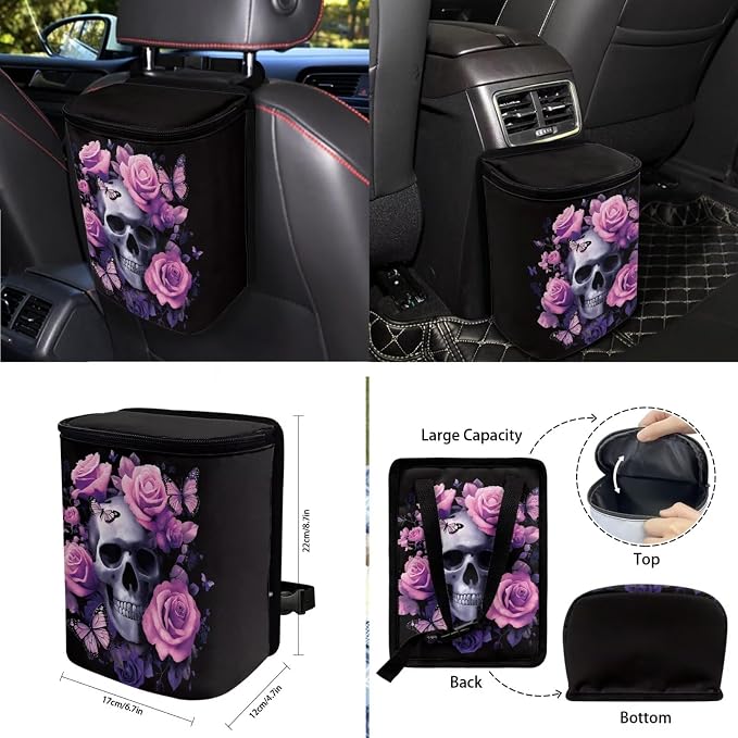 Skull Rose Pink Print 10 Pack Car Seat Covers Set Wear-Resistan Front Rear Seat Covers, Steering Wheel Cover, Air Vent Storage, Garbage Can, Cup Coaster, Keychain for SUV Truck