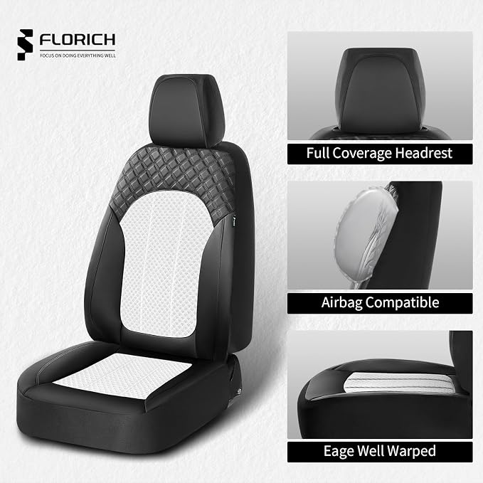 FLORICH Car Seat Cover Front Seats Breathable Mesh Leather Front Seat Covers 2 Pack Auto Seat Cover Airbag Compatible Driver Seat Cushion Protector Universal Fit for Most Car SUV Truck, Black&White