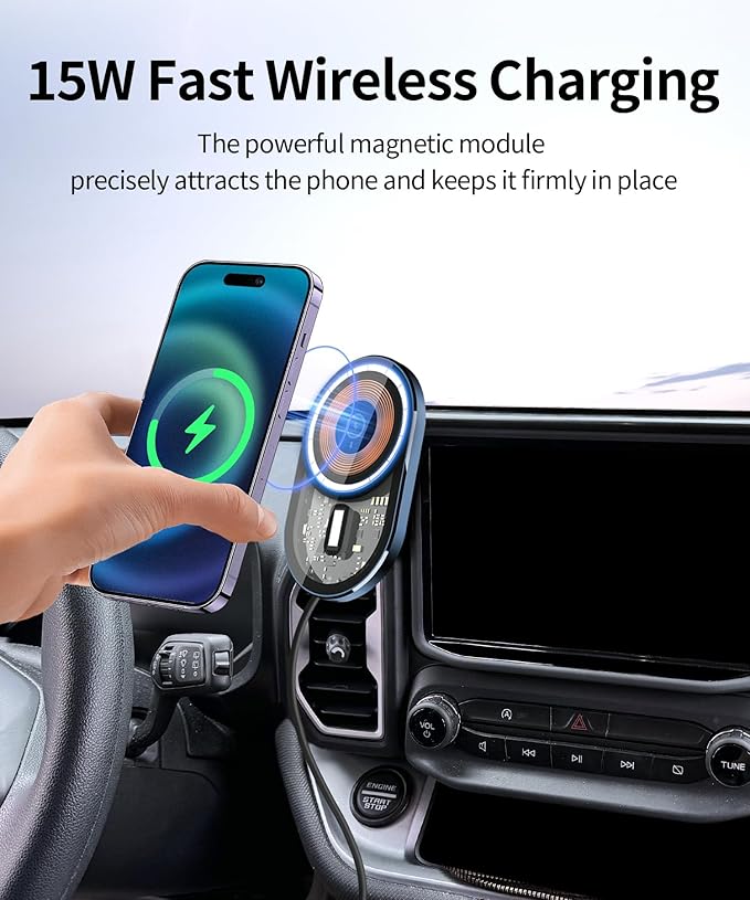 Wireless Charging Car Phone Holder for Ford Bronco Sport 2021-2024, 8" Screen Fixed Clip, 360° Rotation Car Phone Mount Compatible with MagSafe