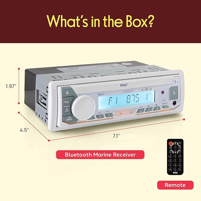 Pyle Marine Stereo Receiver Power Amplifier - AM/FM/MP3/USB/Aux/SD Card Reader Marine Stereo Receiver, Single Din, 30 Preset Memory Stations, LCD Display with Remote Control - PLMRB39W