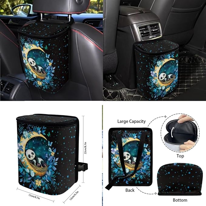 Panda Moon Floral Pattern Car Seat Covers Full Set, 10 Pcs Waterproof Car Accessories Steering Wheel Cover Car Trash Bin Keychain Cup Coasters Air Vent Storage Box for Women Men