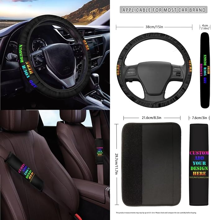 Wanyint Custom Car Seat Cover Set 15 PCS, Personalized Add Your Photo Seat Protector Steering Wheel Seat Belt Rear View Mirror Cover Trash Can Coaster Keychain Air Vent Bag Auto Decor Accessories