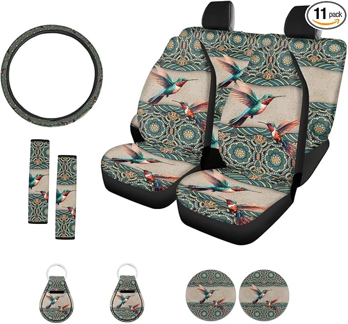 Suobstales Boho Hummingbird Mandala Car Seat Cover for Women Full Set SUV Interior Accessories Front/Back Bench Bucket Seat Cover,Steering Wheel Cover,Seat Belt Cover,Cup Holder Coasters,Keychain