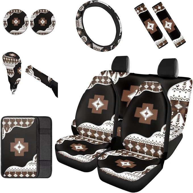 Dreaweet Native American Car Seat Covers Full Set 12 Pcs Aztec Tribal Geometric Car Steering Wheel Cover/Armrest Cover/Seatbelt Covers/Cup Coasters/Gear Shift Cover/Handbrake Cover,Universal Fit