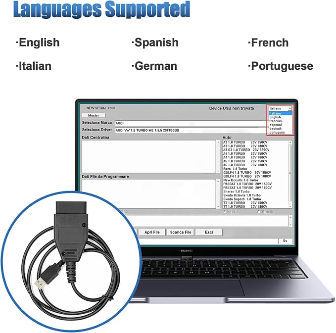 Galletto 1260 OBD2 to USB Cable Code Reader for Diesel and Petrol Cars,Compatible with Toyota/Honda/Ford/GM/Fiat/Porsche Vehicles ECUs Diagnostic Scanner Tool, Work with Windows 32-bit System