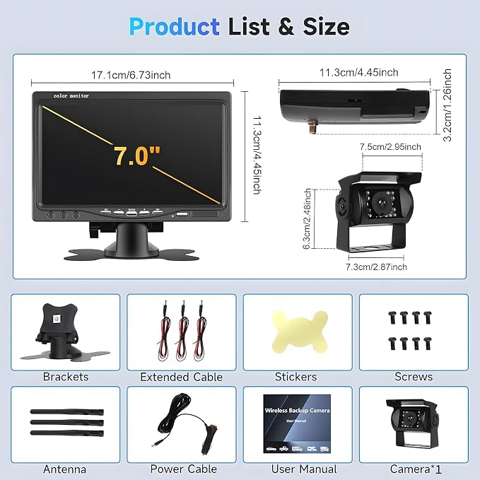 Wireless Backup Camera System for Vehicles, 7" HD Reserve Monitor, Digital 50% Clearer Signal, BSD(Blind Spot Detection), IP68 Waterproof, Easy No-Wire Install for Camper Truck Trailer Fifth Wheel RV