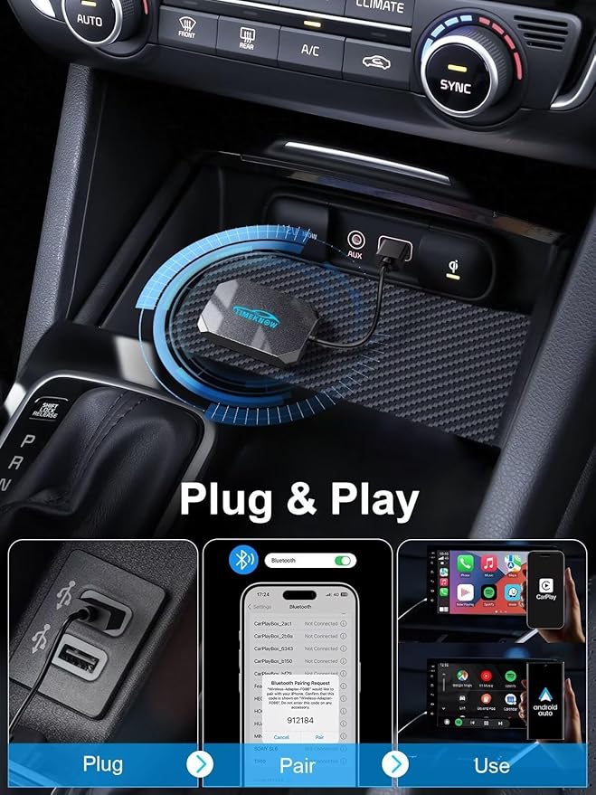 Wireless CarPlay Adapter - Converts Wired to Wireless CarPlay & Android Auto, Plug and Play Car Dongle Compatible With Apple iPhone iOS 10+ & Cars From 2017, Grey