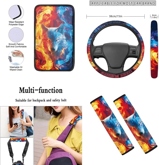 Mumeson Wolf Pattern Car Seat Covers Soft Rubber Steering Wheel Cover and 2 Pcs Adjustable Seatbelt Covers Shoulder Cushion Pad 1 Pcs Armrest Cover 8 Pack Car Accessories Decor Set