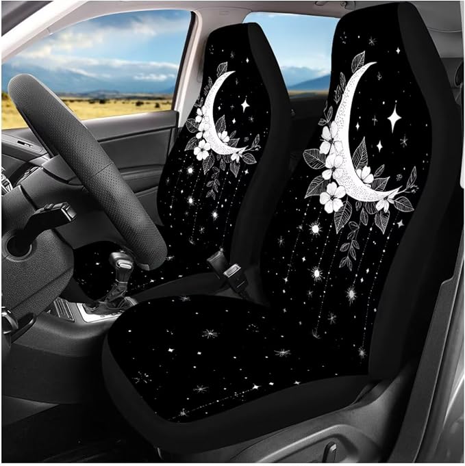 Ystardream Starry Moon Car Seat Covers Full Set for Women Rubber Steering Wheel Cover Armrest Cover Seatbelt Covers Polyester Fabric Front Seat Rear Backrest Cover Bottom Cover Universal