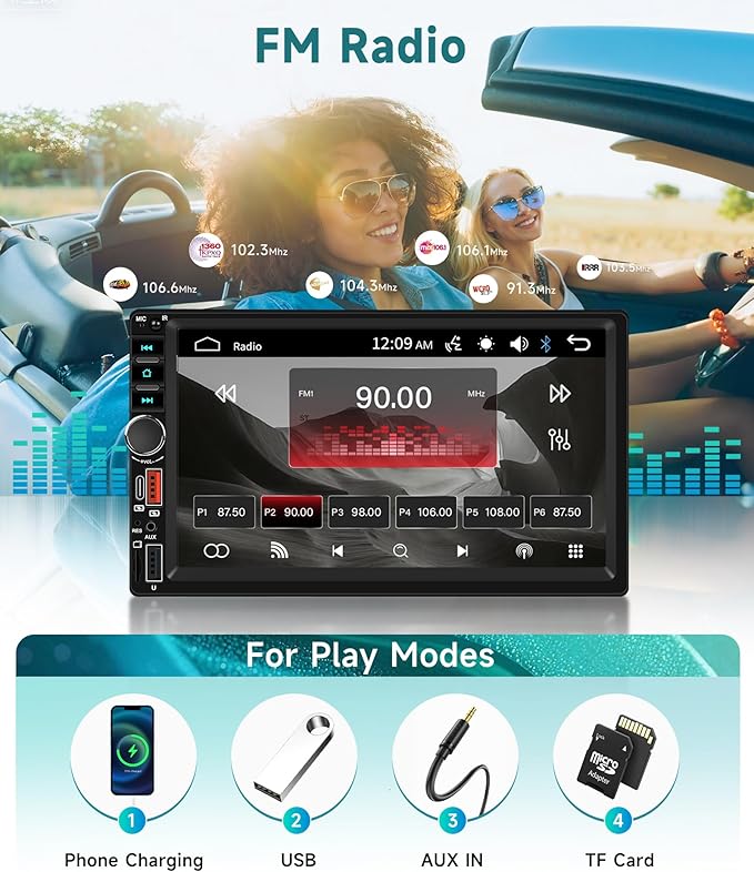 7 Inch Double Din Car Stereo, Touch Screen Bluetooth Car Radio Support Mirrorlink FM Radio EQ Fast Charging, Sellrich 2 Din Head Unit with USB/Type-C/TF Card/Aux Ports Backup Camera+Frame