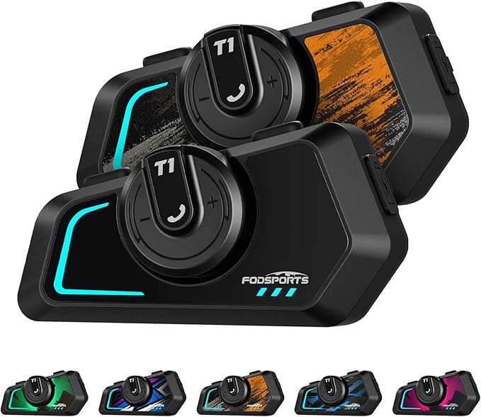 Fodsports T1 Motorcycle Bluetooth Intercom V5.4 with Music Share, One-Click Switching for 3 Functional Modes, 2-Way Helmet Communication Systems, FM/5 Stickers/Noise Cancellation/Stereo Music, 2 Pack