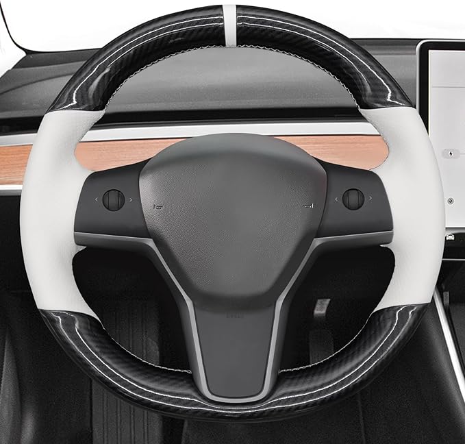 MEWANT Hand Stitch White Faux Leather PU Carbon Fiber Steering Wheel Cover Wrap for Tesla Model Y 2023 Model 3 2023