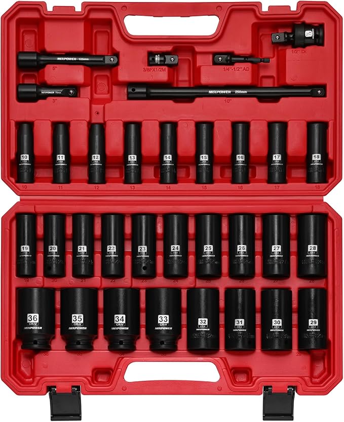 MIXPOWER 33 PCS 1/2” Drive Impact Socket Set, 10 to 36mm Deep Socket, 6-Point Hex Socket with Portable Case,Metric,CR-V&CR-MO Steel