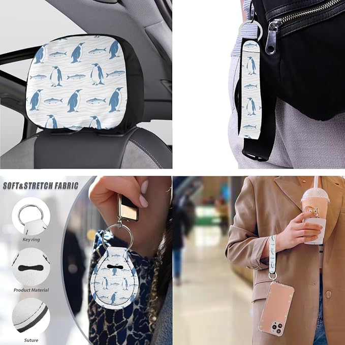 13 Pcs Car Seat Covers Full Set for Women, Mediterranean Style Penguin Vehicle Headrest Cover Keychain, Penguin Fish Automotive Interior Covers for Sedans, Trucks Blue