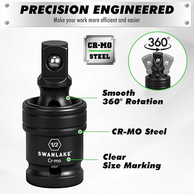 30-Piece 1/2" Drive Impact Socket Set, Standard SAE (3/8-1 inch) and Metric (10-24mm) 6 Point CR-V Steel Deep Socket, Ratchet Handle, 3" & 5" Extension Bar, CR-MO Impact Universal Joint