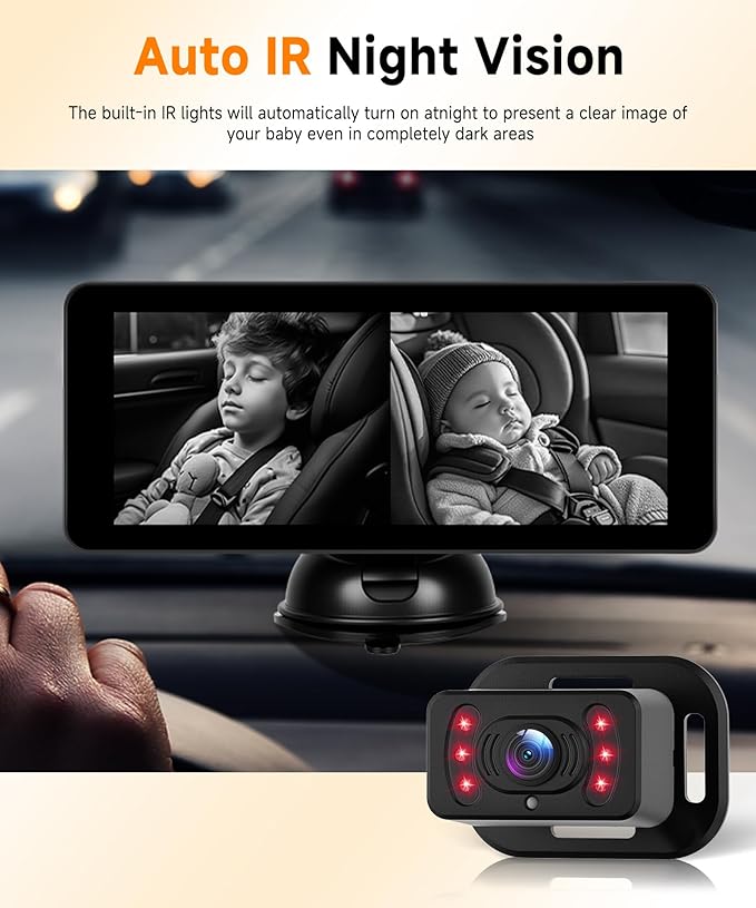 Dual Baby Car Monitor for 2 Kids - 6.86 Inch IPS Split Display with 2 IR Night Vision Camera, Dual Channel Car Baby Monitor Easily Install for Rear Facing Seat Backseat Camera for Baby
