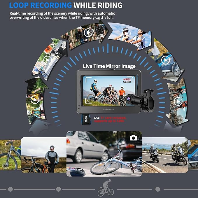 PARKVISION Bicycle Rear View Camera Recorder, 4.3'' 1080P Monitor, 8000mAh Battery,Loop Recording, 32GB TF Card, Bike Front/Backup Cam for Mountain Ebike Road Bike