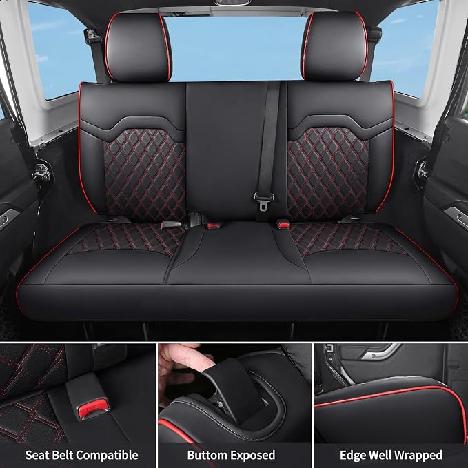Huidasource 2007-2017 Wrangler Seat Covers 2 Door, Waterproof Leather Seat Cover for Jeep Wrangler JK 2 Door Limited Sport Sahara Rubicon Freedom Willys Wheeler (Full Set/Black&Red)