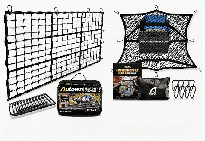 AUTOWN 2 Pack Truck Bed Cargo Net, Heavy Duty & Fine Mesh Bundle
