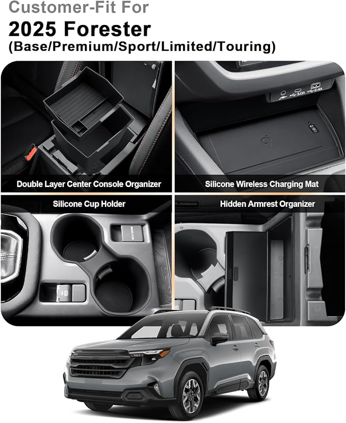 2025 Forester Center Console Organizer - 4 Pcs Set Double-Layer Center Console Organizer+Hidden Organizer Box+Silicone Cup Holder+Charging Mat For 2025 Subaru Forester/Hybrid Accessories(4 Packs)