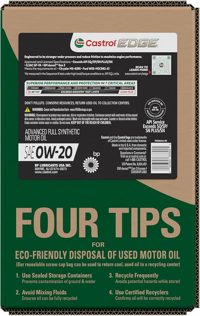 Castrol EDGE 0W-20 Advanced Full Synthetic Motor Oil, 6 Quart EcoPack