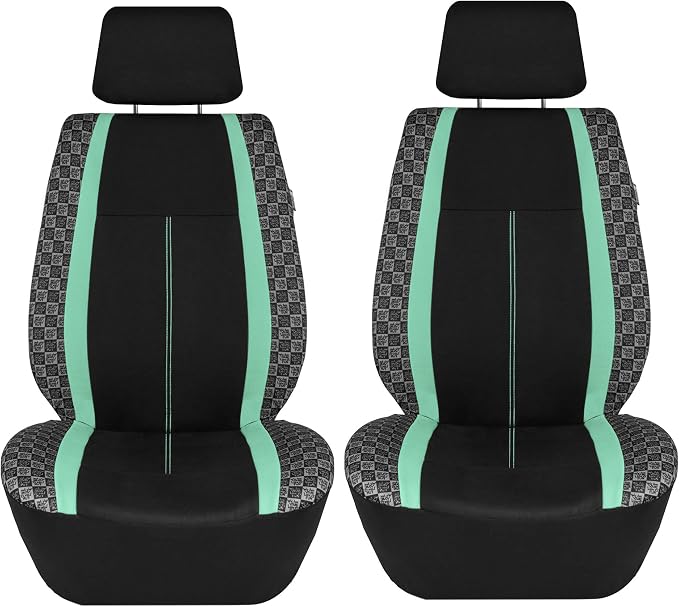 We Are Young Life is Fun™ Checker Car Seat Covers Universal Fit Interior Accessories Full Set Mint Seat Cover Combo Steering Wheel Cover and Seat Belt Pads, Airbag and Split Rear Car Seat Covers