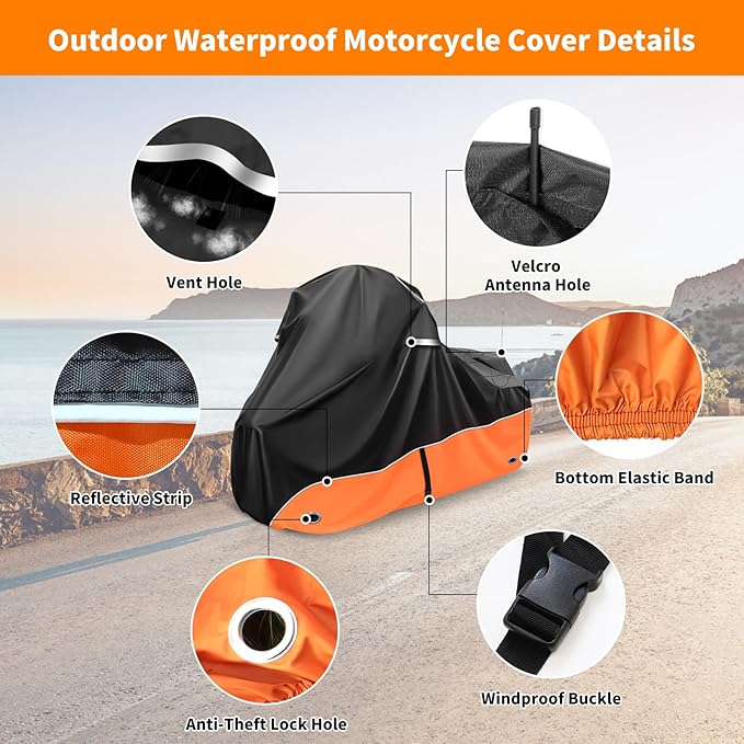Motorcycle Cover 420D Waterproof for Touring Models Harley Davidson Road King Road Glide Electra Glide Low Rider-ST, Indoor & Outdoor All Weather Protection Orange