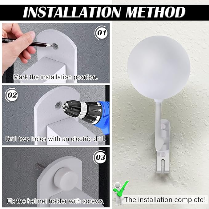 Kikerike Motorcycle Helmet Holder Wall Mount 180 Degree Rotation Metal Bike Helmet Rack Mount Bicycle Helmet Display Stand Hanger with 2 Hooks for Motorcycle Bike Baseball Rugby Helmet - White, 2 Pcs