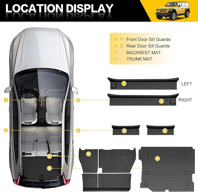 Cargo Mats with Door Sill Guards for 2018-2025 Jeep Wrangler JL Unlimited 4X4 Accessories All Weather Rear Seat Back Cover Trunk Liner Door Sill Protector for JL JLU Gas Type 4 Door(Not 4XE)