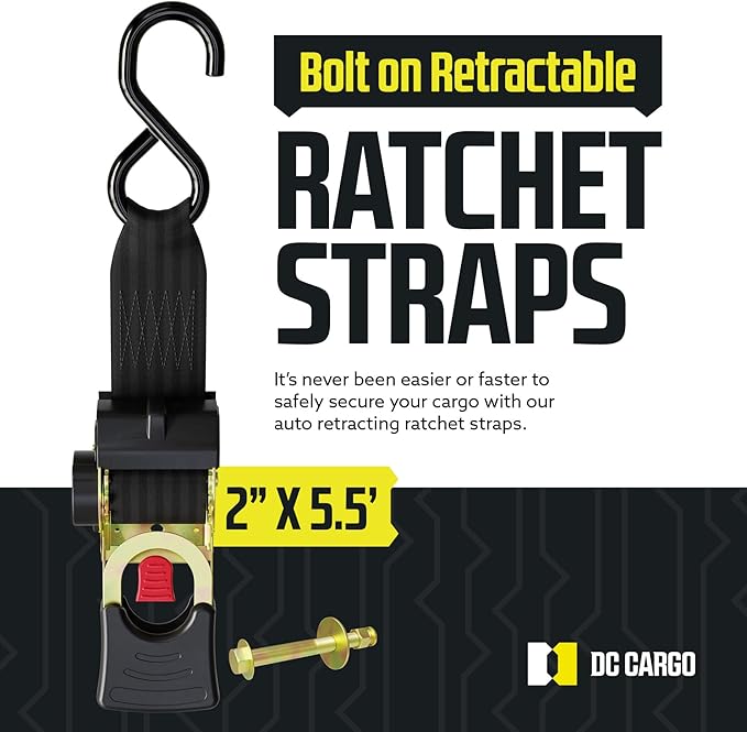 DC Cargo Mall Bolt-on Auto Retractable Ratchet Straps (2-Pack) 2” x 5.5ft, Super Heavy Duty, 4,033lb Break Strength – Tie Down Straps for Boat, Jet Ski, RZR, ATV