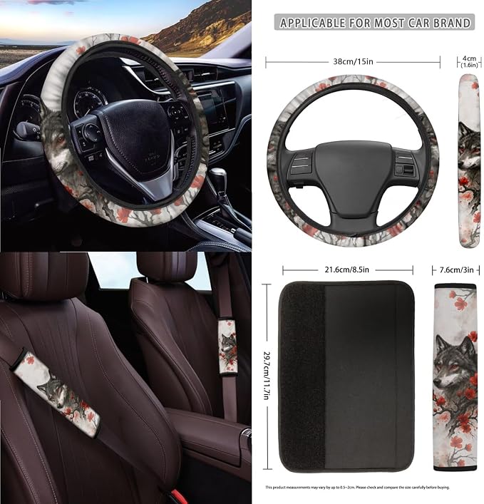 Wolf Plum Blossom Pattern Car Accessories Set of 15, Full Set Seats Covers Auto Streering Wheel Cover Trash Bin Seat Belt Covers Keychain Coasters Air Vent Storage Bag